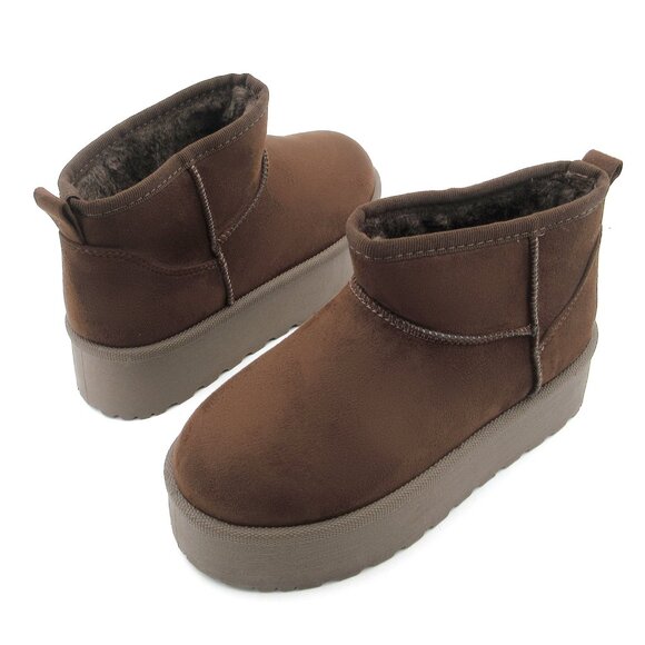 Women BROWN Winter Slip On Warm Fur Suede Snow Ankle Boots Slipper 2 Inch Sole - Picture 2 of 5